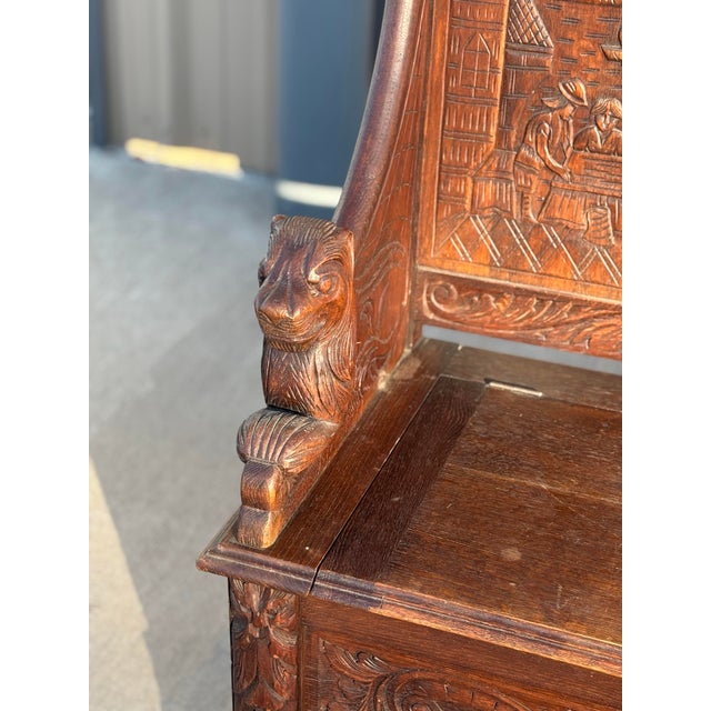 Mid 19th Century Victorian Oak Monk's Bench or Settle With Carved Lion Arms and a Hinged Seat For Sale - Image 4 of 9