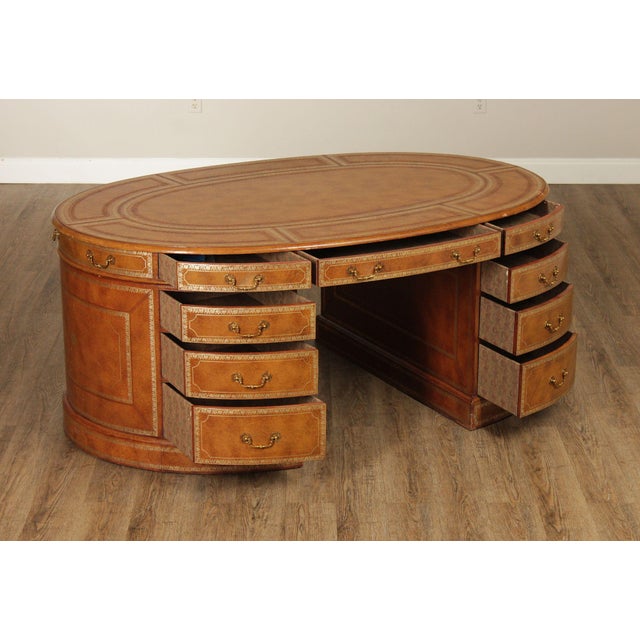 English Maitland Smith Leather Wrapped Oval Executive Partners Desk For Sale - Image 3 of 18