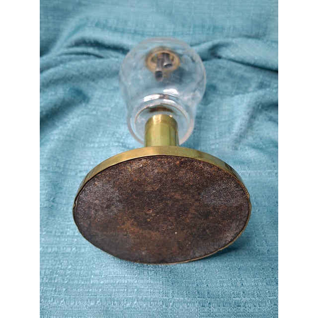 Metal Rare 1840s Whale Oil Lamp Etched Glass Font Original Double Burner Iron Base For Sale - Image 7 of 18