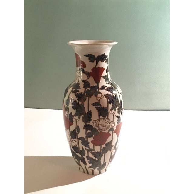Ceramic Vintage Asian Floral Red, Green & White Decorative Vase For Sale - Image 7 of 13