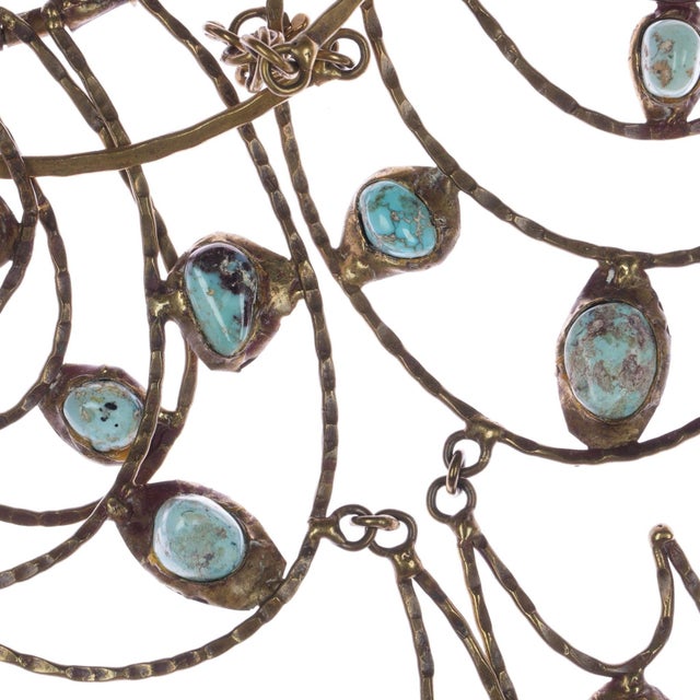 Turquoise c1960's Pal Kepenyes brutalist Bronze turquoise statement necklace. For Sale - Image 8 of 8