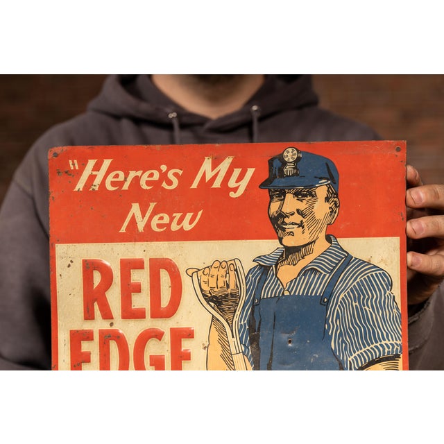 Industrial Vintage "Red Edge" Shovels Embossed Tin Advertising Sign For Sale - Image 3 of 5