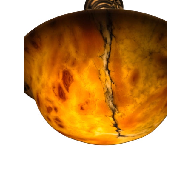 Early 20th Century Honey Amber Hand Carved Original Alabaster Bowl W/ Stepped Nickeled Bronze Stem For Sale - Image 12 of 17