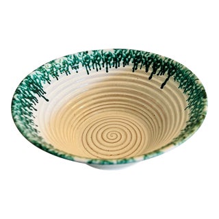 Large Vintage Green Drip Glaze Studio Pottery Terra Cotta Bowl For Sale