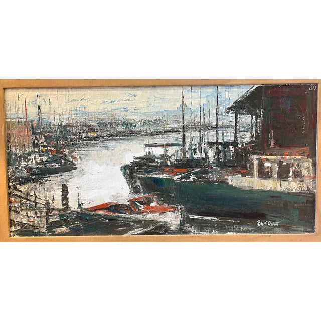 Robert Elsocht (USA, 1908-1999) Untitled Harbor Scene Oil on Canvas Original oil painting of boats in a harbor with a city...