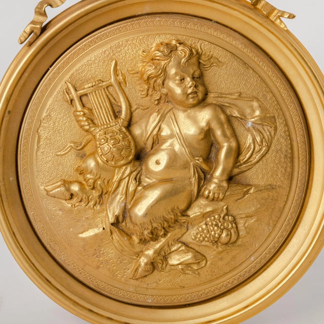 Pair of French Gilt Bronze Round Figural Wall Plaques, France, 19th Century For Sale - Image 10 of 11