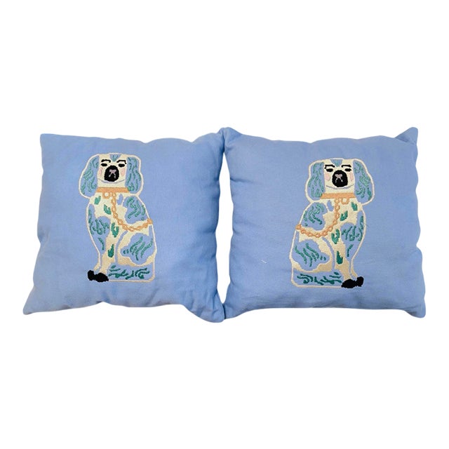 Sky Blue Pillows Embroidered With Staffordshire Dogs - Set of 2 For Sale