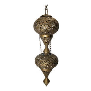 Vintage Moroccan / Oajar Pierced Brass Teardrop Double Lantern Pendant For Sale