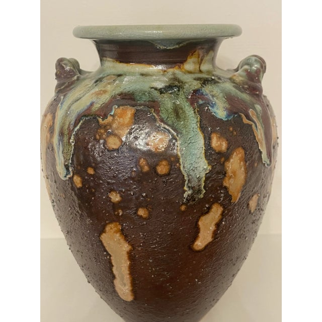 Antique Abstract Asian Raku Ceramic Pottery Vase in Celadon, Camel, Chocolate Brown For Sale In Houston - Image 6 of 12