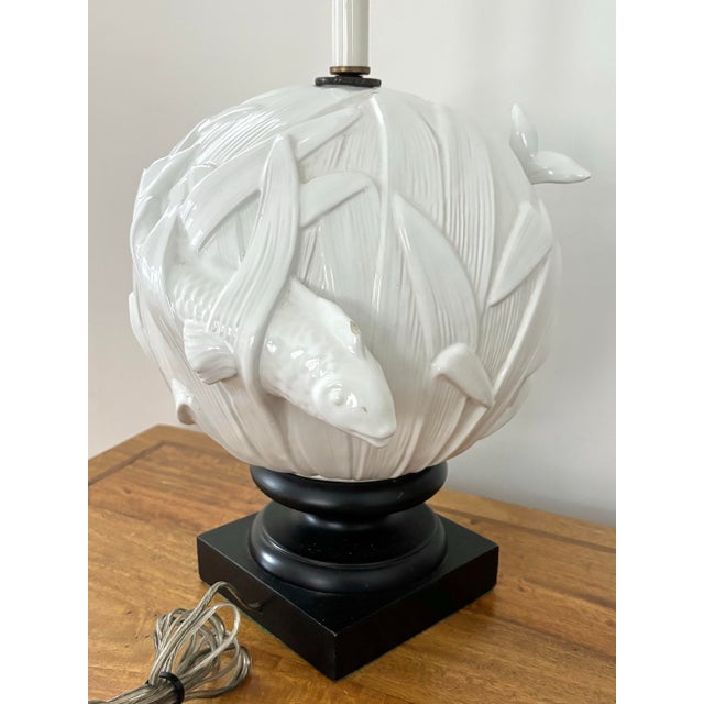1970s White Midcentury Ceramic Koi Fish Table Lamp Style After Wildwood For Sale - Image 6 of 10