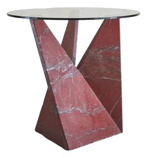 Italian Red Marble Base Side or Center Table with Round Glass Top, 1970s