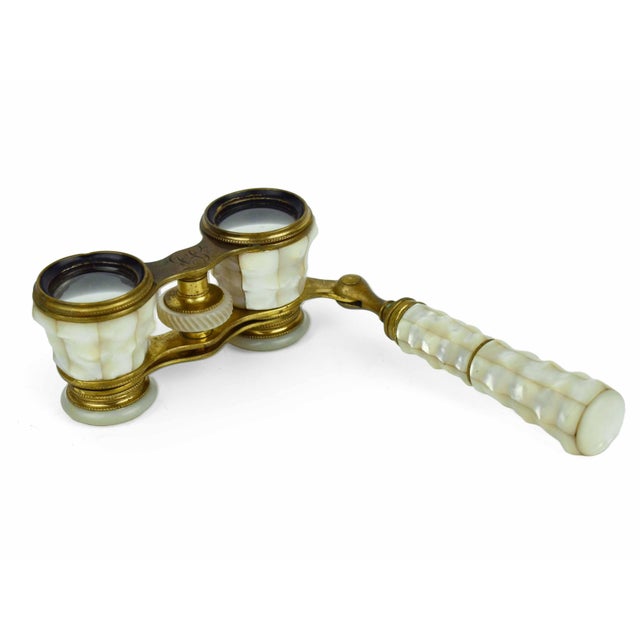 Metal Antique 1900 'S French Mother of Pearl & Gilt Brass Colmont Paris Lorgnette Opera Glasses With Hamilton Lenses For Sale - Image 7 of 11