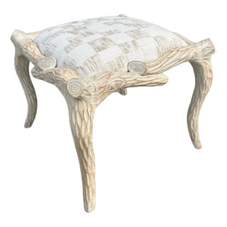 Vintage Faux Bois Wood Stool With Newly Upholstered Seat For Sale