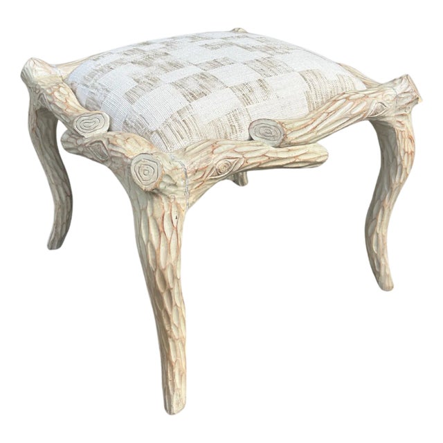 Vintage Faux Bois Wood Stool With Newly Upholstered Seat For Sale