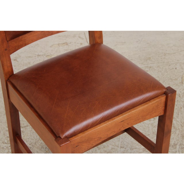Brown Set of 4 Stickley Mission Cherry Leather Dining Chairs For Sale - Image 8 of 18