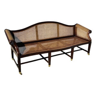 Authenticated Antique Federal Mahogany Caned Settee Sofa, Circa 1800–1815 – Serpentine Back, Reeded Scroll Arms & Original Brass Casters For Sale