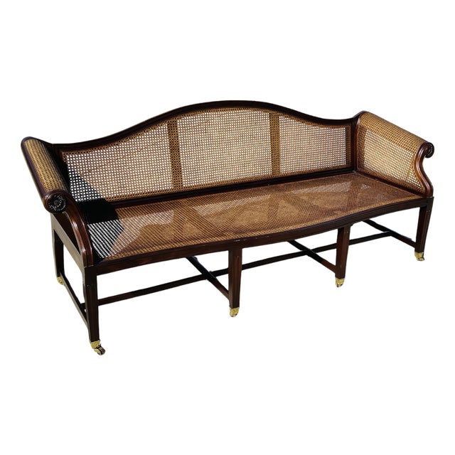 Authenticated Antique Federal Mahogany Caned Settee Sofa, Circa 1800–1815 – Serpentine Back, Reeded Scroll Arms & Original Brass Casters For Sale