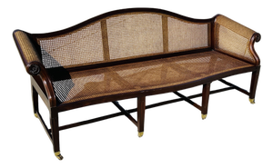 Chinese Export Caned Sofa, Circa 1800–1815 Antique Qing Dynasty Carved Hardwood Settee With Serpentine Back, Scroll Arms & Original Brass Casters