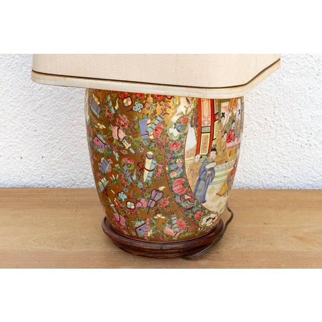 Large Pavillion Court Famille Rose Lamp For Sale - Image 9 of 10