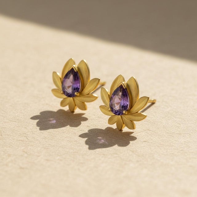 Sculptural Amethyst Lotus Stud Earrings. Textured Lotus Flower Stud Earrings with Pear-Cut Amethysts. Nature-Inspired...
