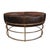 Round rich brown cow hide ottoman or coffee table with bronze gold finish iron frame. Each slightly unique in natural hide...