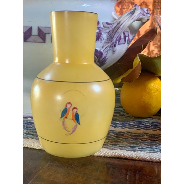 One-of-a-kind, vintage yellow hand painted ‘pair of parrots’ glass vase. Could also be used as a cool decanter for a tiki-...