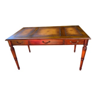 1960s Wooden Table With Leather Inlay Top, Turned Legs For Sale
