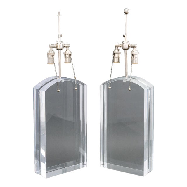 Modern Clear Acrylic and Chrome Table Lamps, Pair For Sale
