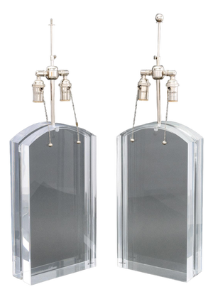 Modern Clear Acrylic and Chrome Table Lamps, Pair