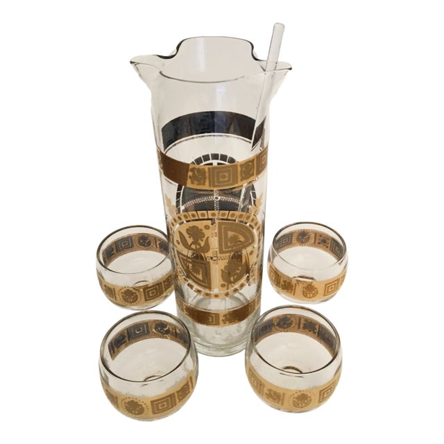 1960s Culver Coronet Martini Pitcher Set With Four Roly Poly Glasses- 6 Pieces For Sale