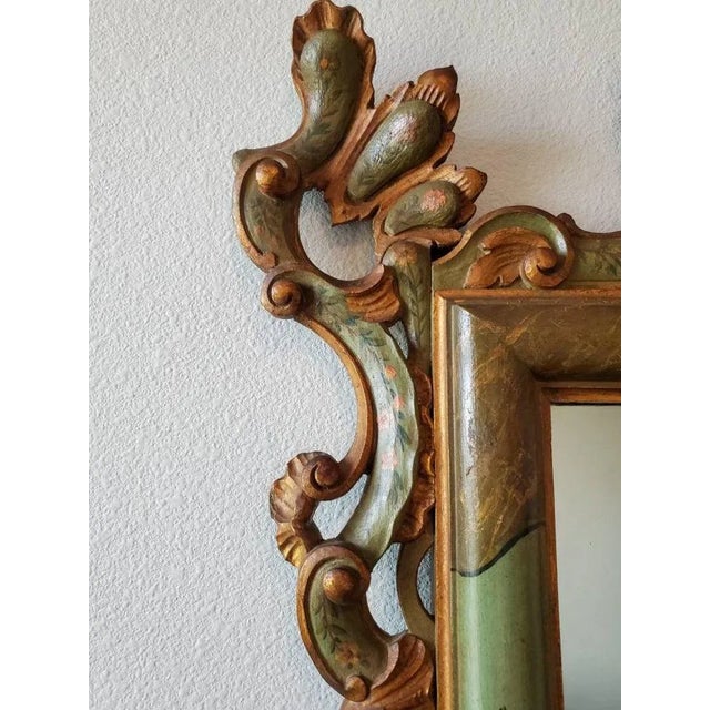 Pistachio Antique Venetian Rococo Style Carved Polychrome Painted Green Gilt Wood Frame Wall Mirror For Sale - Image 8 of 11