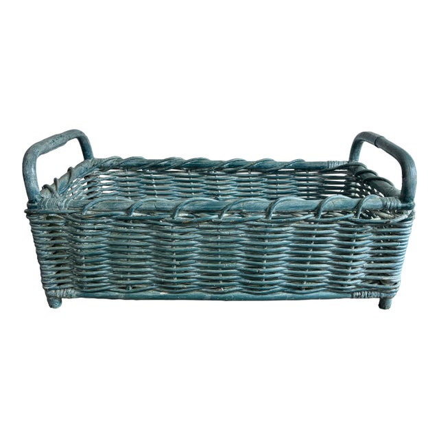 Late 20th Century French Country Blue Bamboo Wicker Basket, Wide For Sale