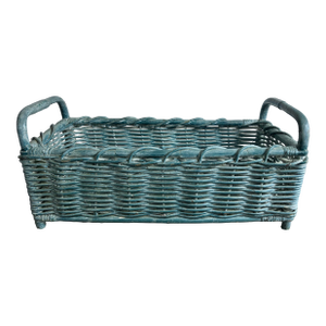 Late 20th Century French Country Blue Bamboo Wicker Basket, Wide