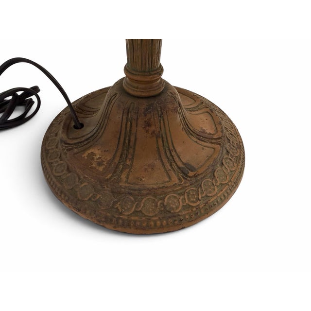 Metal Early 20th Century Edward Miller & Co. Scenic Landscape Overlay Slag Glass Lamp For Sale - Image 7 of 10