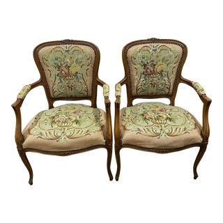 1940s Pair of Needlepoint French Provincial Chairs For Sale