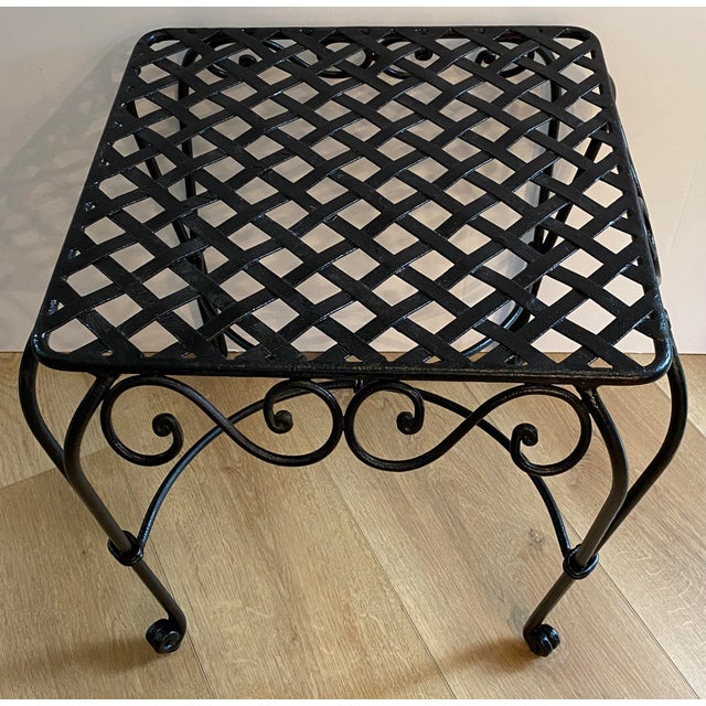 French Pair of French Wrought Iron Square Accent Tables, Lattice Tops and Scroll Legs For Sale - Image 3 of 9