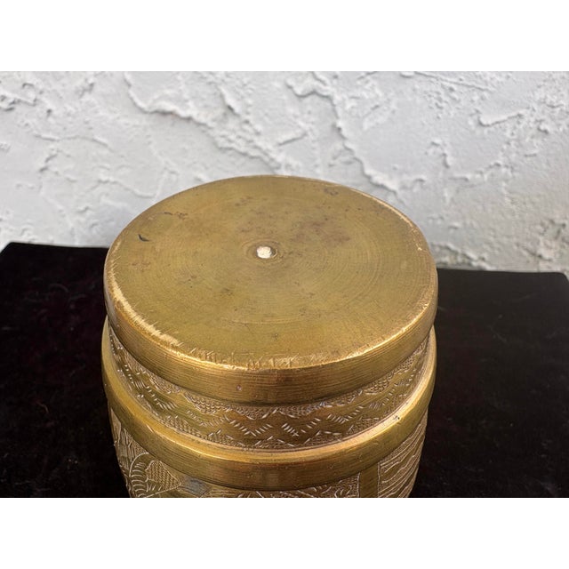 Vintage Hand-Etched Asian Brass Covered Jars – Set of 2 Decorative Canisters For Sale - Image 9 of 12