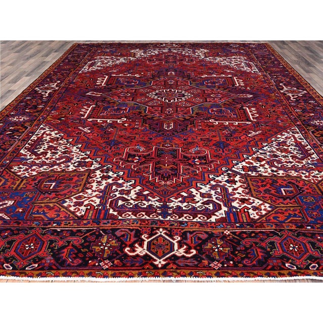 1960 10'x12'9" Berry Red Pure Wool Tribal Weaving Vintage Persian Heriz Oriental Rug For Sale In New York - Image 6 of 12