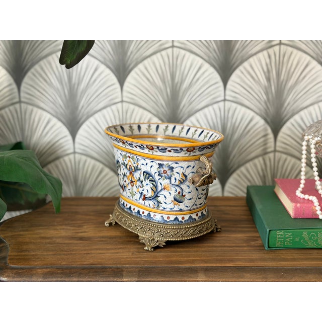 Mid 20th Century Vintage Porcelain Crackle Glaze Floral Jardinière Brass Ormolu-Style Footed Cachepot Planter Vase For Sale - Image 5 of 17