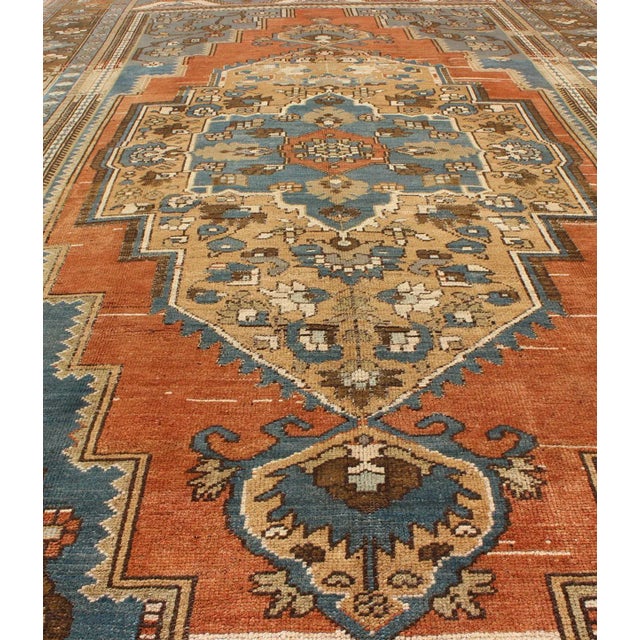 Mid 20th Century Antique Turkish Colorful Oushak Gallery Rug in Blue Brown & Terra-Cotta For Sale - Image 5 of 9