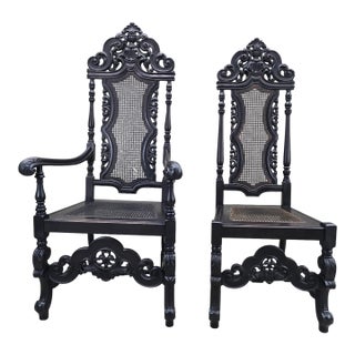 Antique Victorian Carved Walnut Caned Throne Chairs by Michigan Chair Company – Set of 2 For Sale