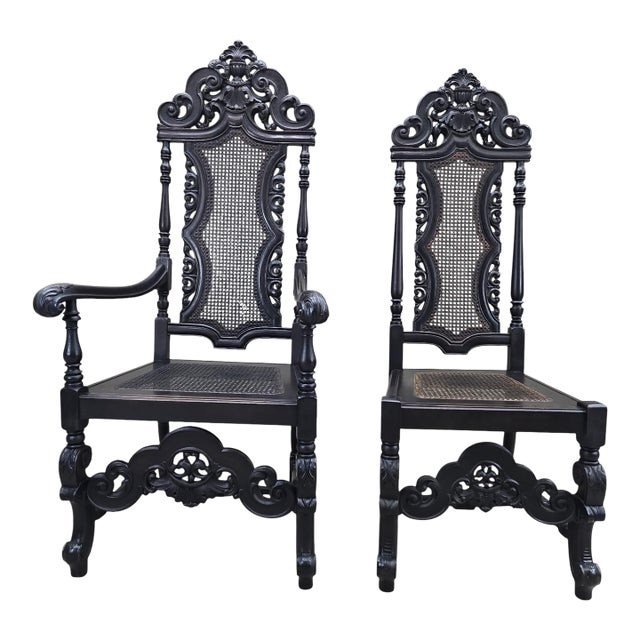Antique Victorian Carved Walnut Caned Throne Chairs by Michigan Chair Company – Set of 2 For Sale