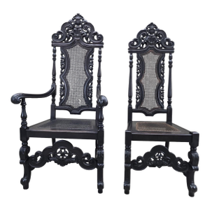 Antique Victorian Carved Walnut Caned Throne Chairs by Michigan Chair Company – Set of 2