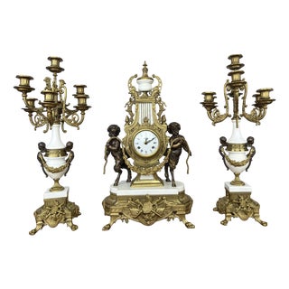 Louis XV Brass Marble Garniture Set with Candelabras, Set of 3 For Sale
