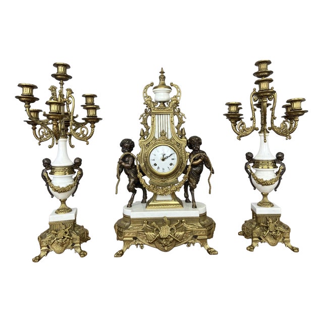 Louis XV Brass Marble Garniture Set with Candelabras, Set of 3 For Sale