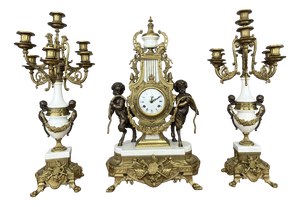Louis XV Brass Marble Garniture Set with Candelabras, Set of 3