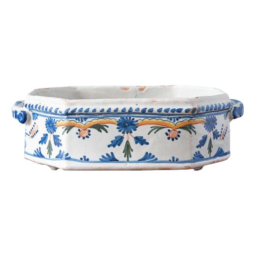Blue and Orange Faience Jardiniere Basin from La Rochelle, 1700s For Sale
