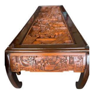 Mid 20th Century Monumental Hand-Carved Asian Narrative Coffee Table With Pagodas, Figures & Original Glass Top For Sale