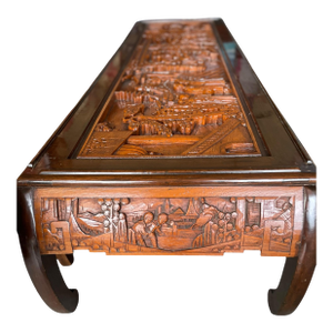 Mid 20th Century Monumental Hand-Carved Asian Narrative Coffee Table With Pagodas, Figures & Original Glass Top