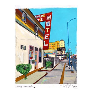 Hollywood Motel - Original Abstract Cityscape Colorful Layered Mixed Media Art by Fabio Coruzzi For Sale